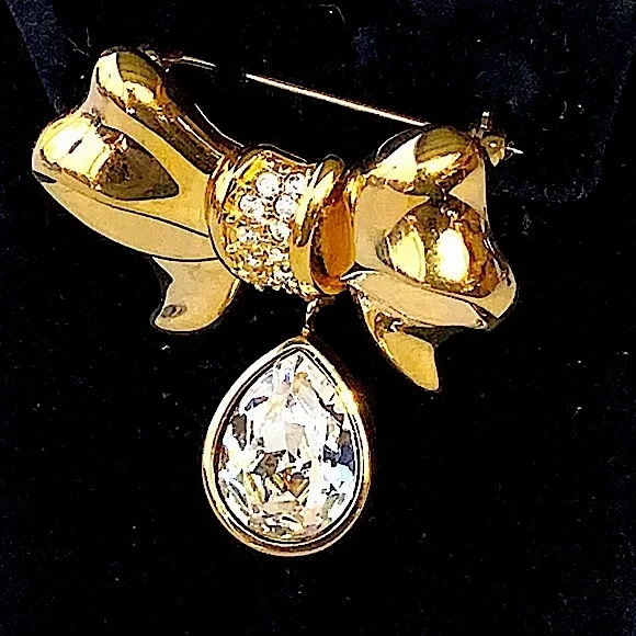 SWAROVSKI BOW BROACH CLEARCRYSTAL TEAR DROP GOLD MARKED SWAN